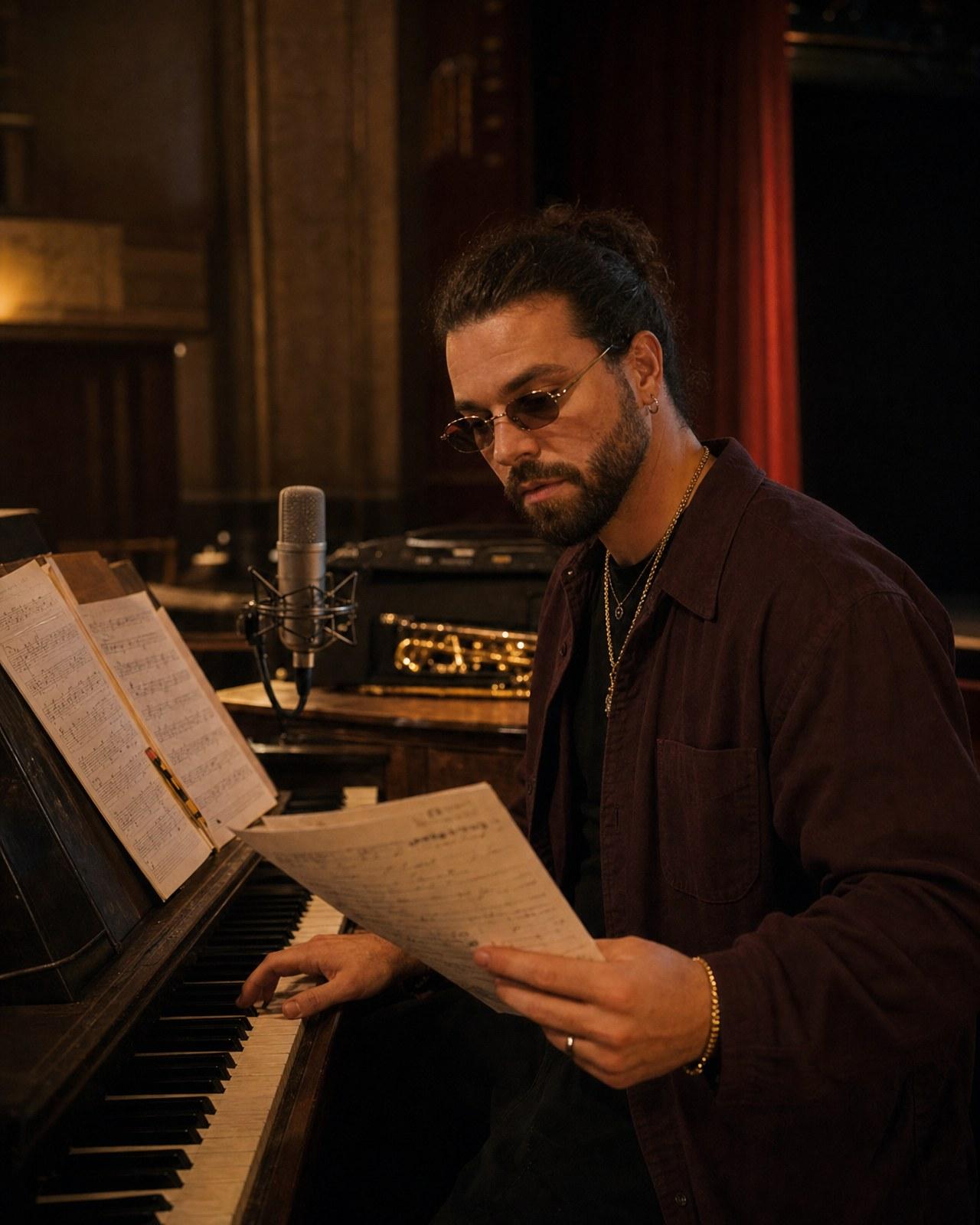 Willem X al piano con partituras escritas a mano.