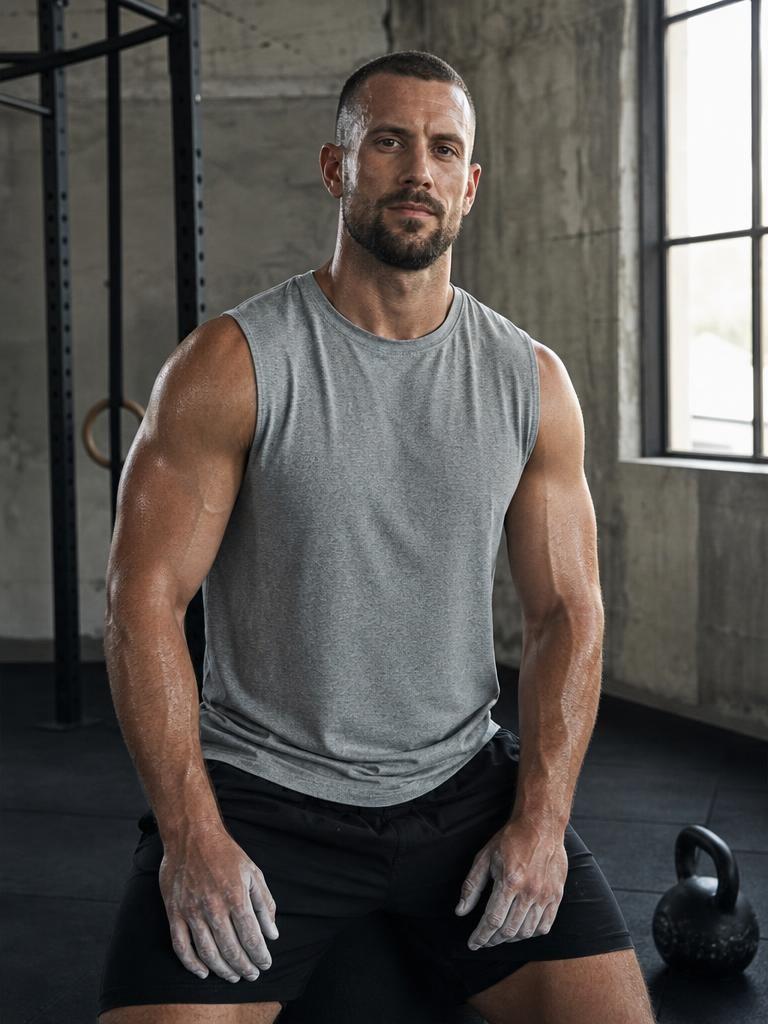 Coach Rex, ein fiktiver Fitness-Creator, im Gym.