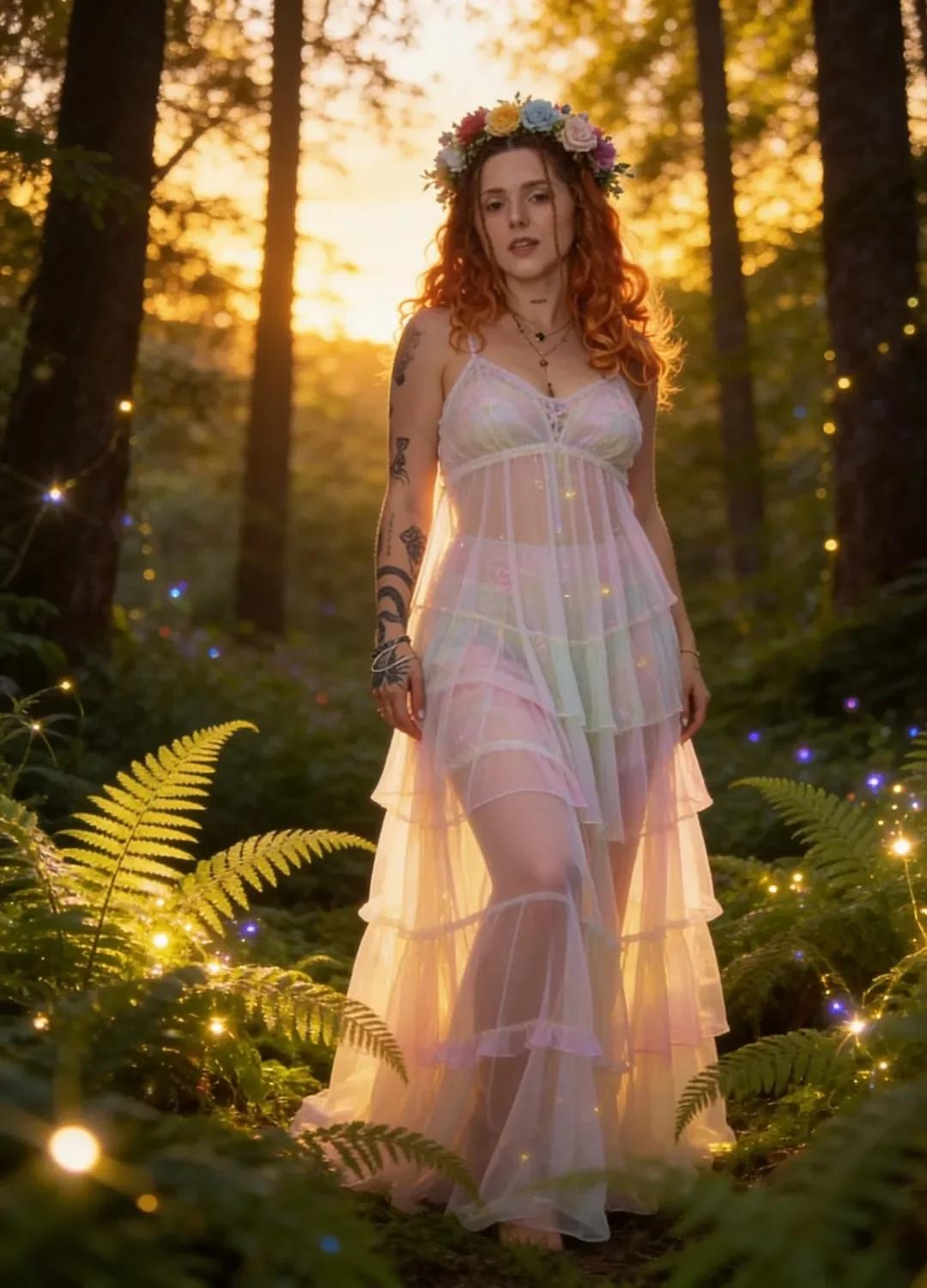 Trixxxy mit Blumenkranz im leuchtenden Wald.