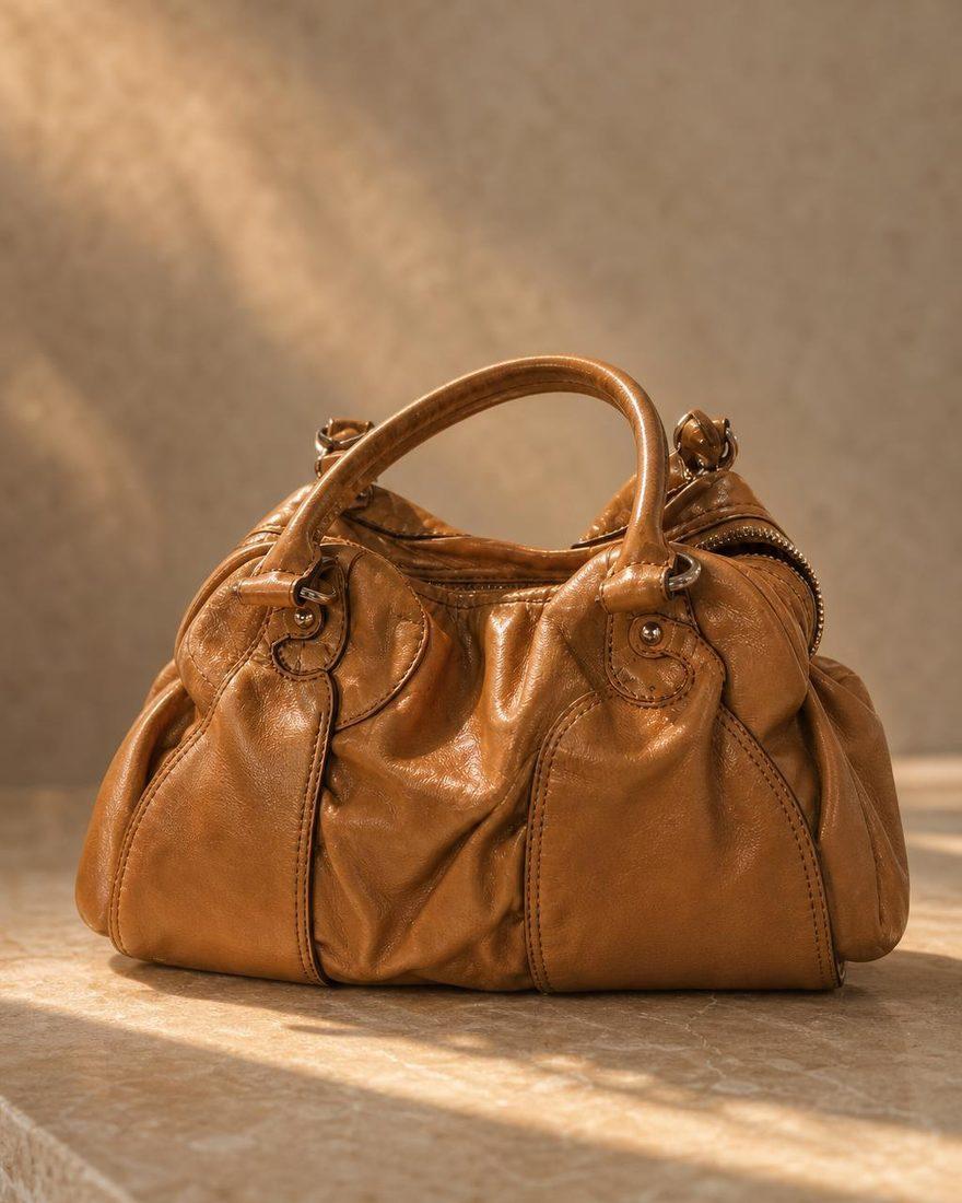 Ghost-Anzeige derselben Ledertasche auf hellem Stein mit warmem Licht und weichem Schatten