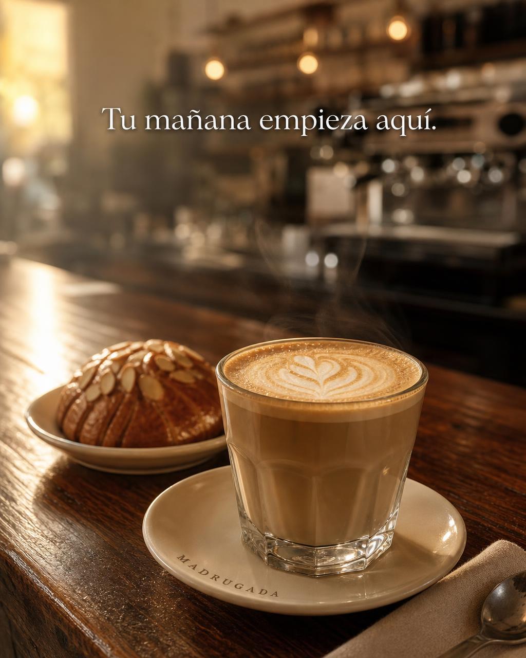 Ghost-Anzeige desselben Kaffees auf der Theke, mit süßem Gebäck und Dampf