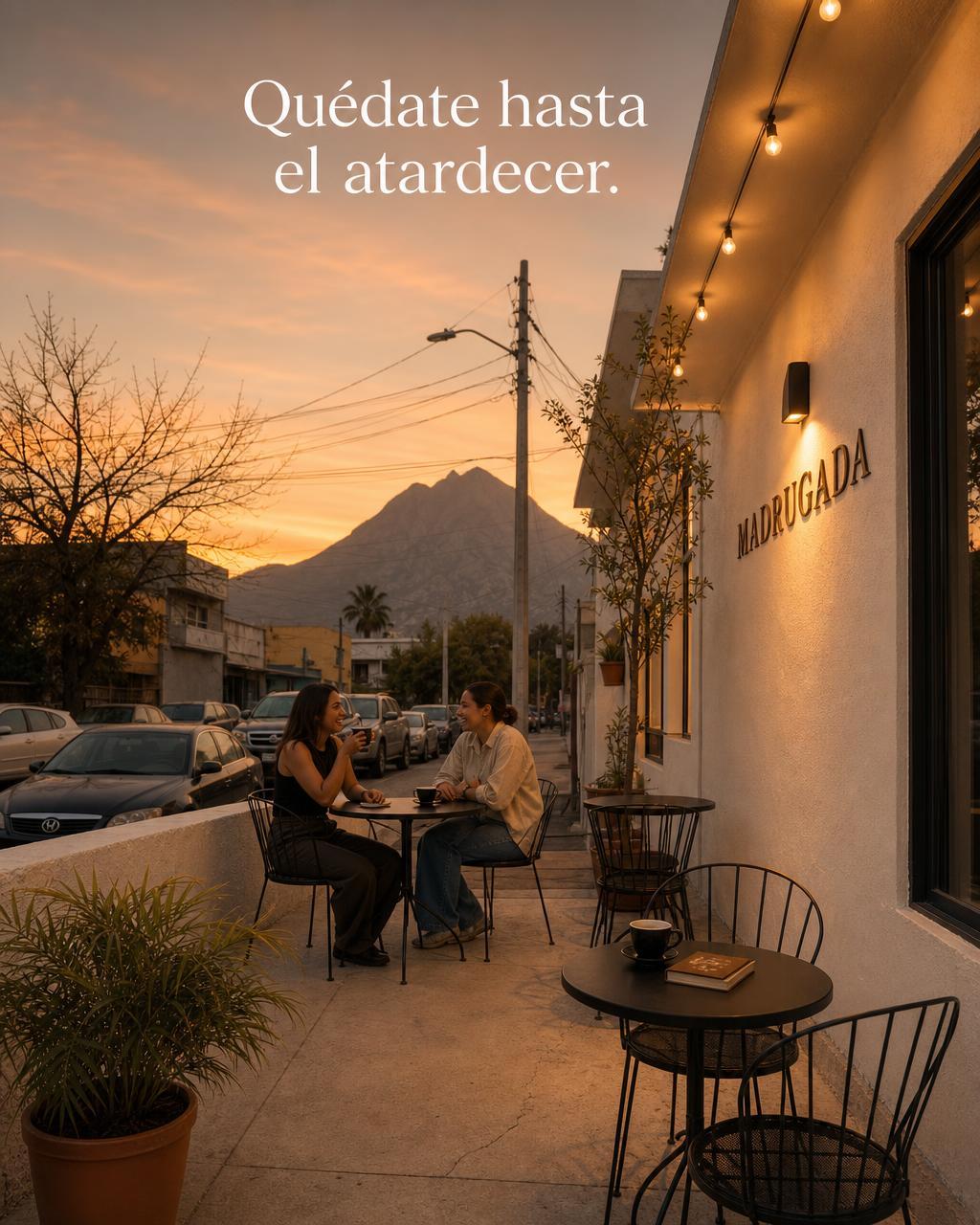 Ghost-Anzeige derselben Terrasse bei Sonnenuntergang mit Gästen und warmem Licht