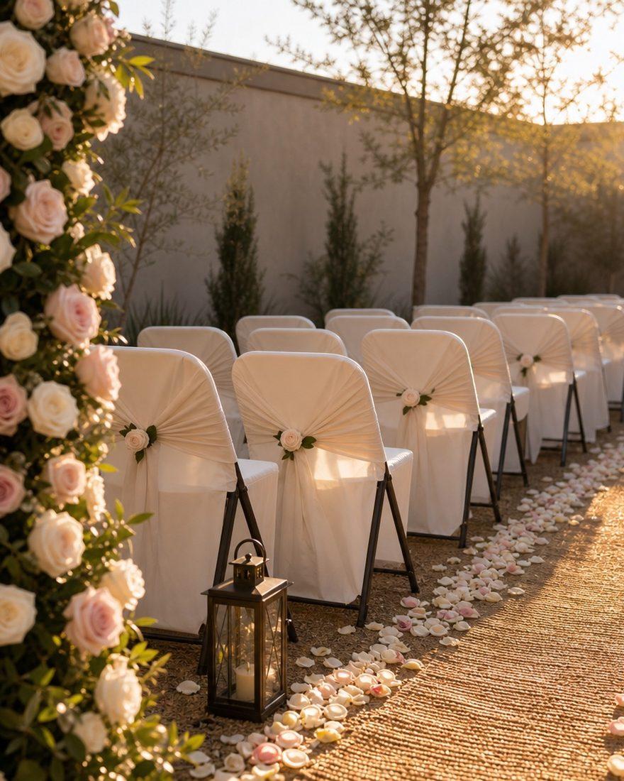 Ghost-Anzeige desselben fertigen Hofs mit Blumenbogen, Stuhlhussen und Blütenweg