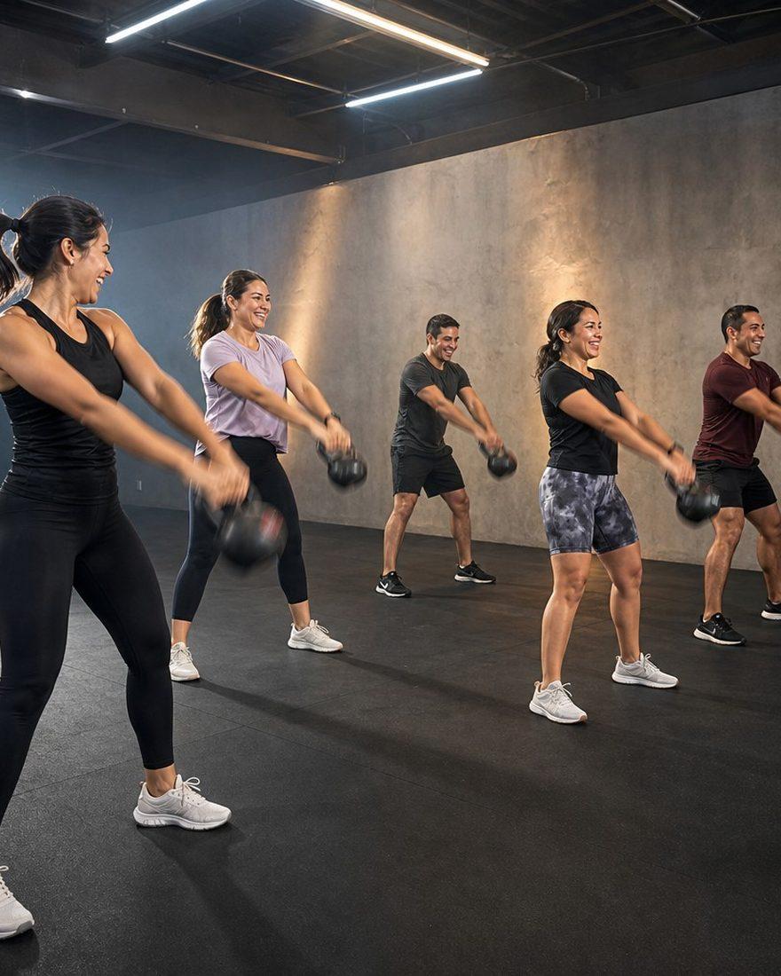 Anuncio de Ghost de la misma clase en pleno movimiento con kettlebells y luz cálida en la pared
