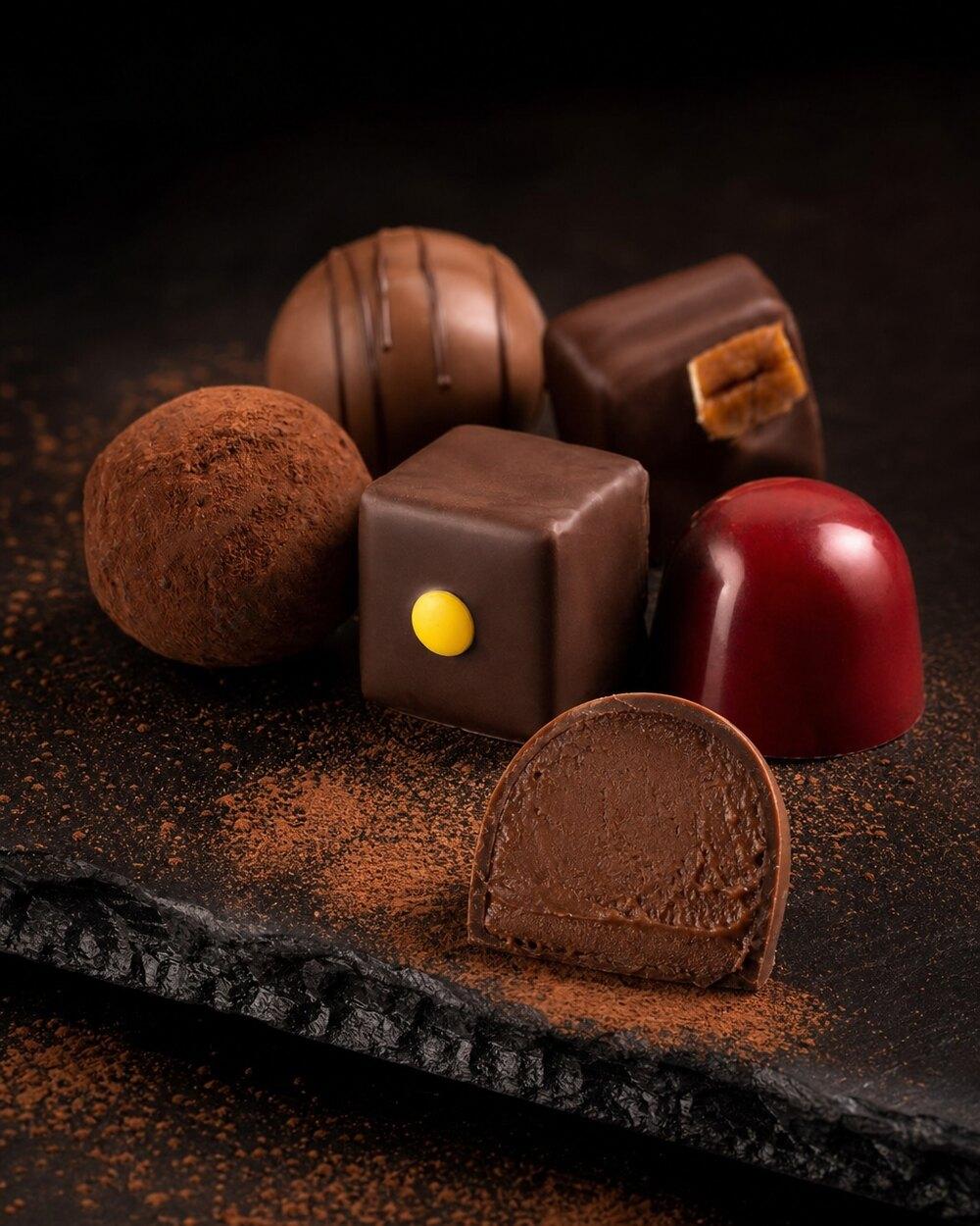 Finished ad with the same chocolates close up on slate with dusted cocoa