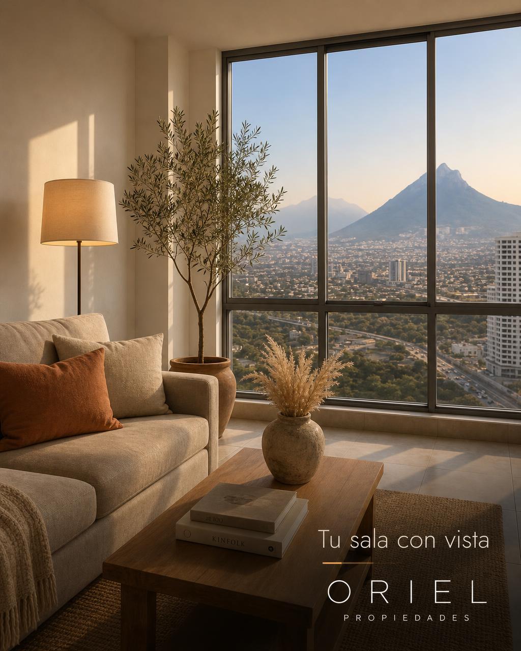 Ghost ad showing the same living room furnished in front of the window, with warm lighting and the mountain view