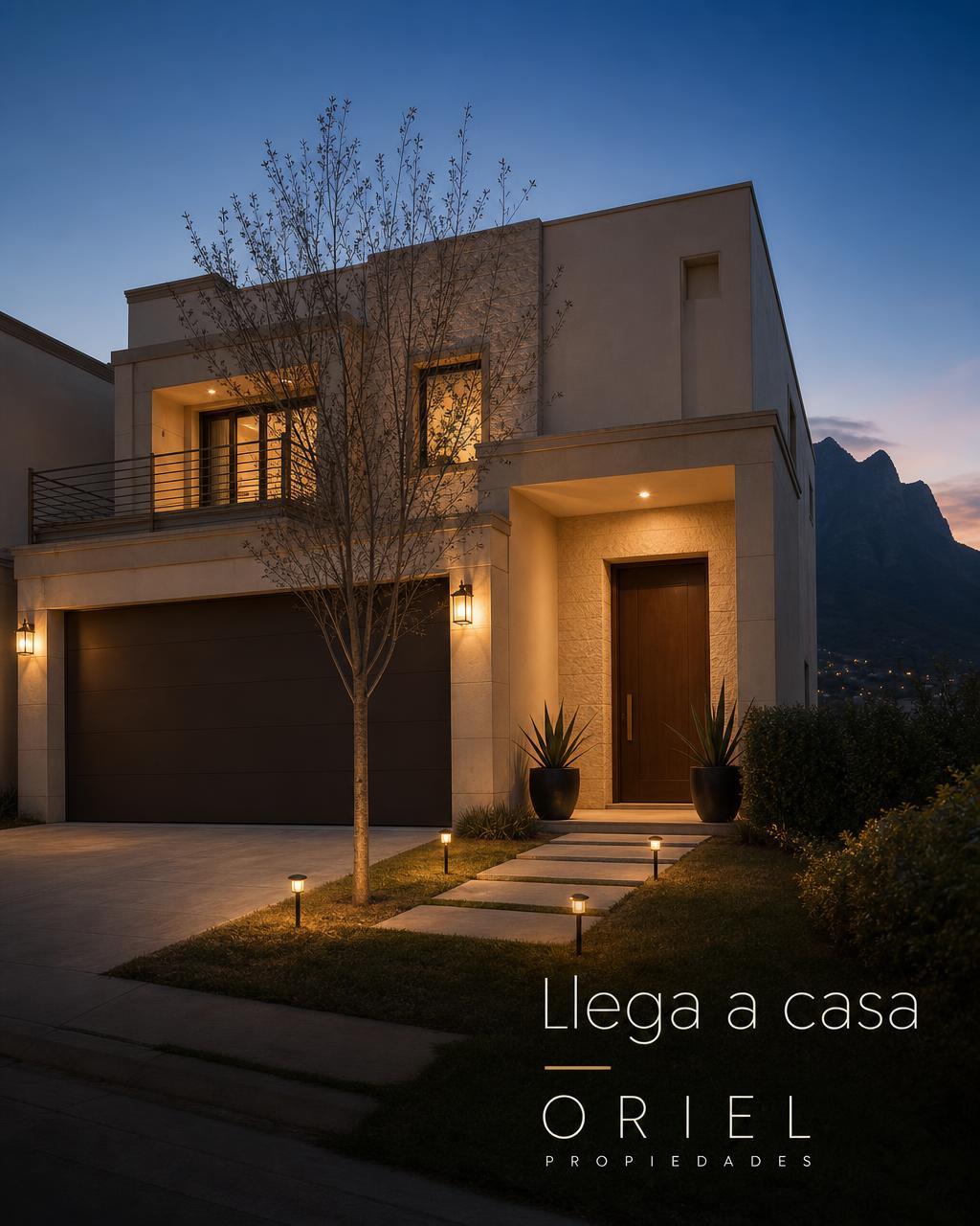 Ghost ad showing the same house at dusk, with a lit entrance and a well-kept garden
