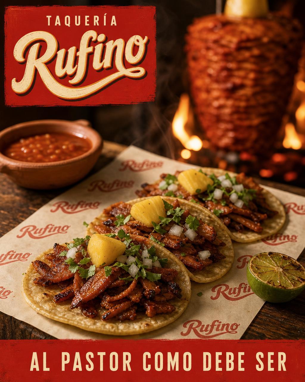 Ghost-Anzeige derselben Tacos al Pastor auf einem Holzbrett vor dem Fleischspieß