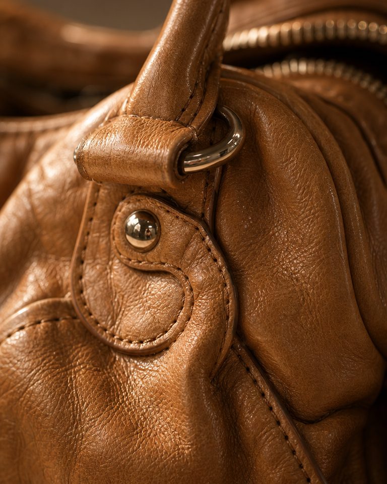 Nahaufnahme von Leder, Naht und Schnalle der Tasche