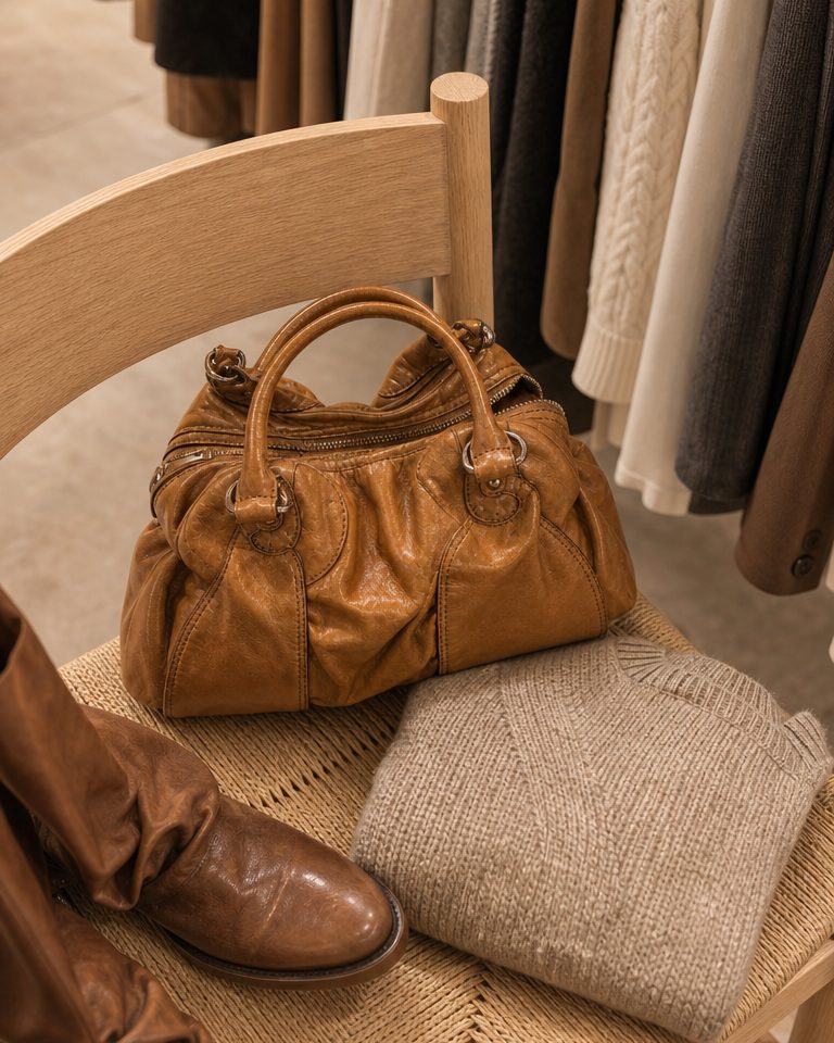 Dieselbe Tasche mit Pullover und Stiefeln auf einem Stuhl in der Boutique