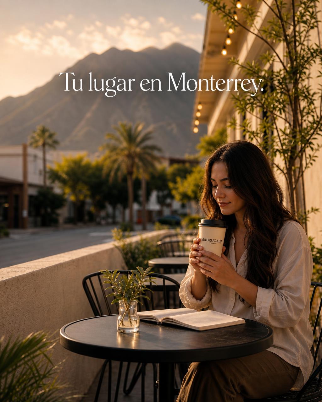 Eine Kundin trinkt Kaffee auf der Caféterrasse, mit dem Berg im Hintergrund