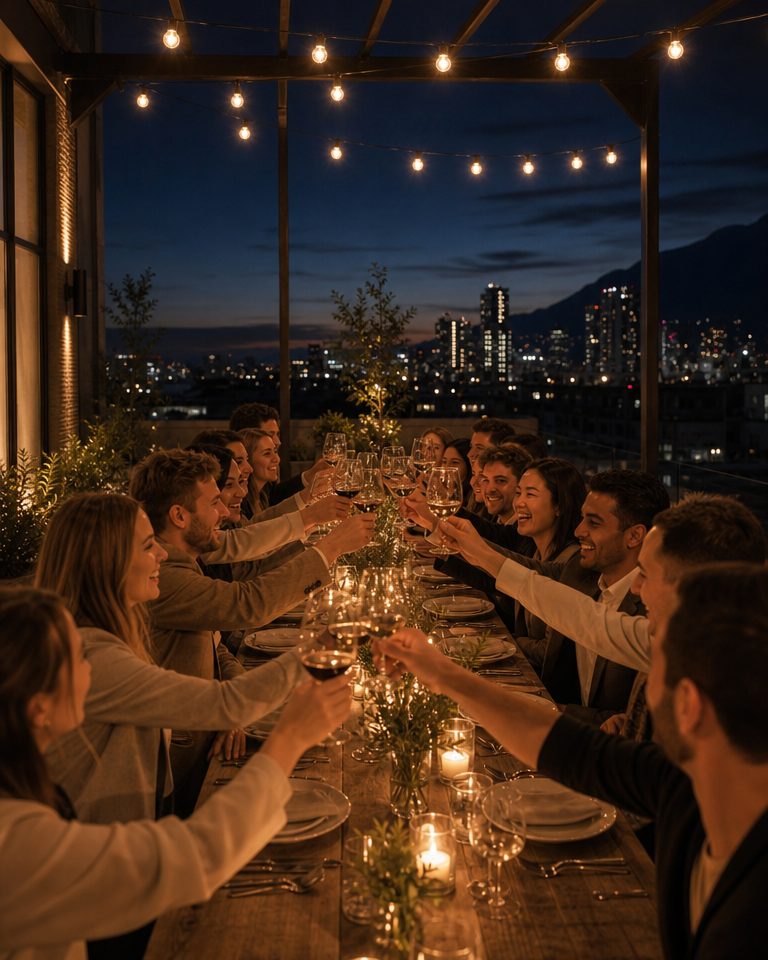 Gäste stoßen nachts an der langen Tafel auf der Terrasse an
