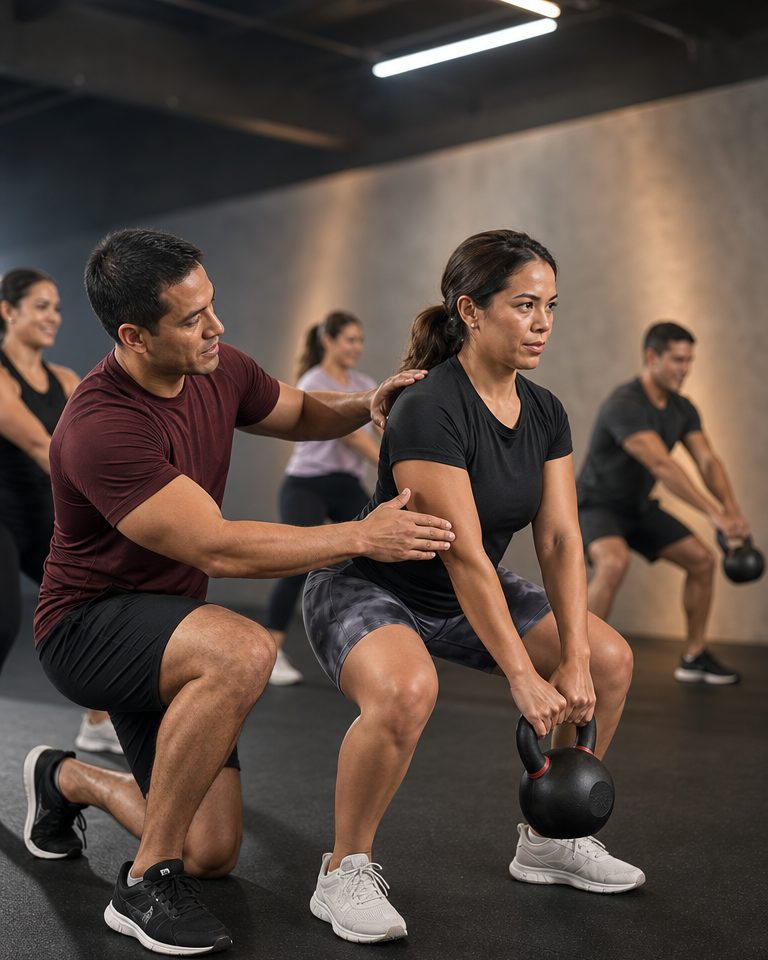 El coach corrigiendo la postura de una alumna durante una sentadilla con kettlebell