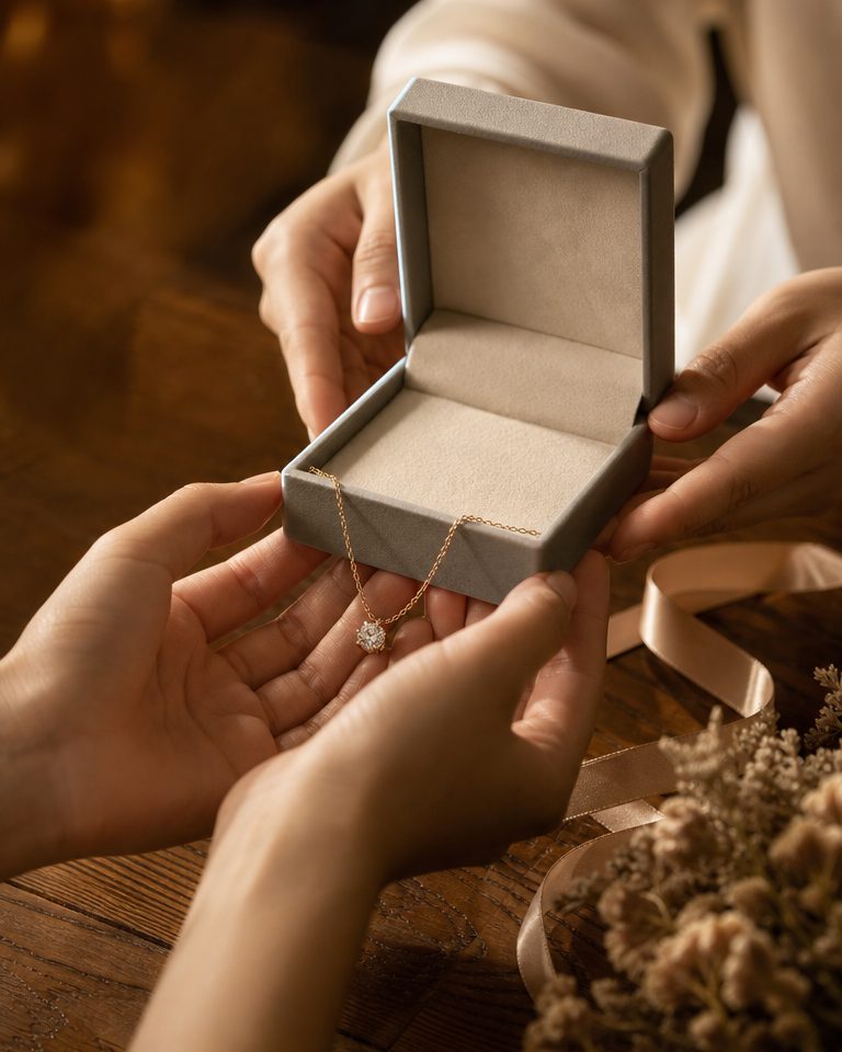 Zwei Hände überreichen die offene Kettenschachtel als Geschenk über einem Holztisch