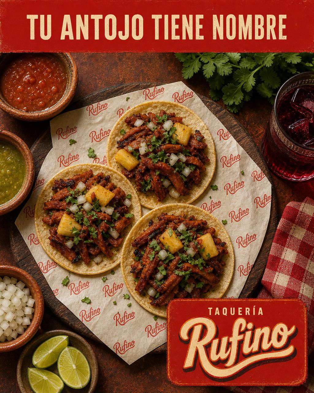 Dieselben Tacos al Pastor von oben mit Salsas, Zwiebeln und Limetten rund ums Brett