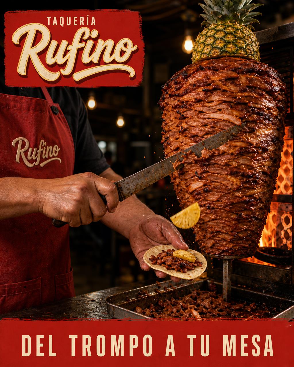 Hände des Taqueros schneiden Fleisch vom Spieß, während eine Ananasscheibe fällt